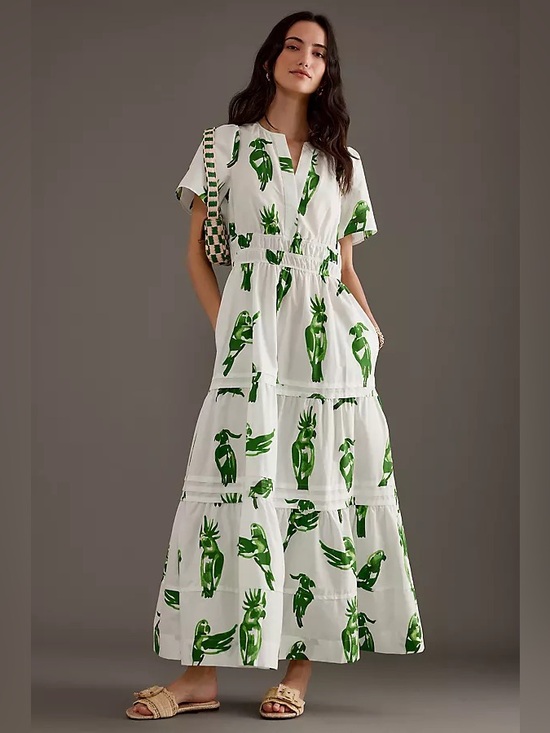 Anthropologie Dresses & Skirts - Anthropologie The Somerset Maxi Dress Green & White Parrot Print Tiered Sz: M